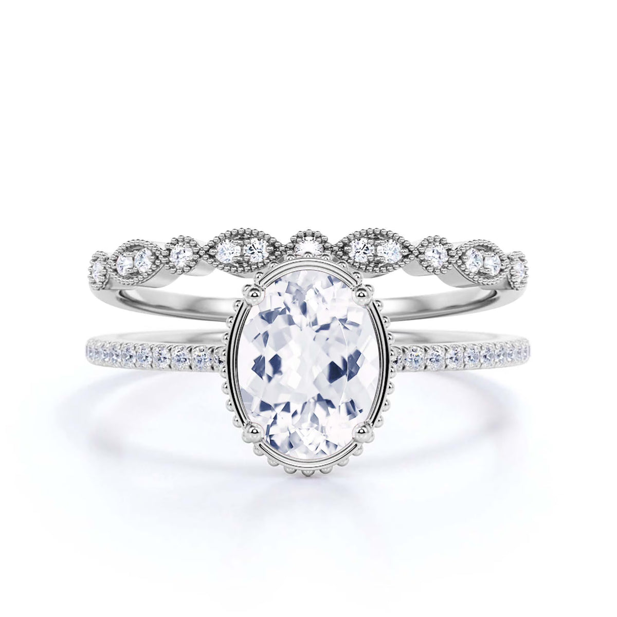 10k Solid White Gold Oval Cut Diamond Moissanite Engagement Ring with Matching Band P993551