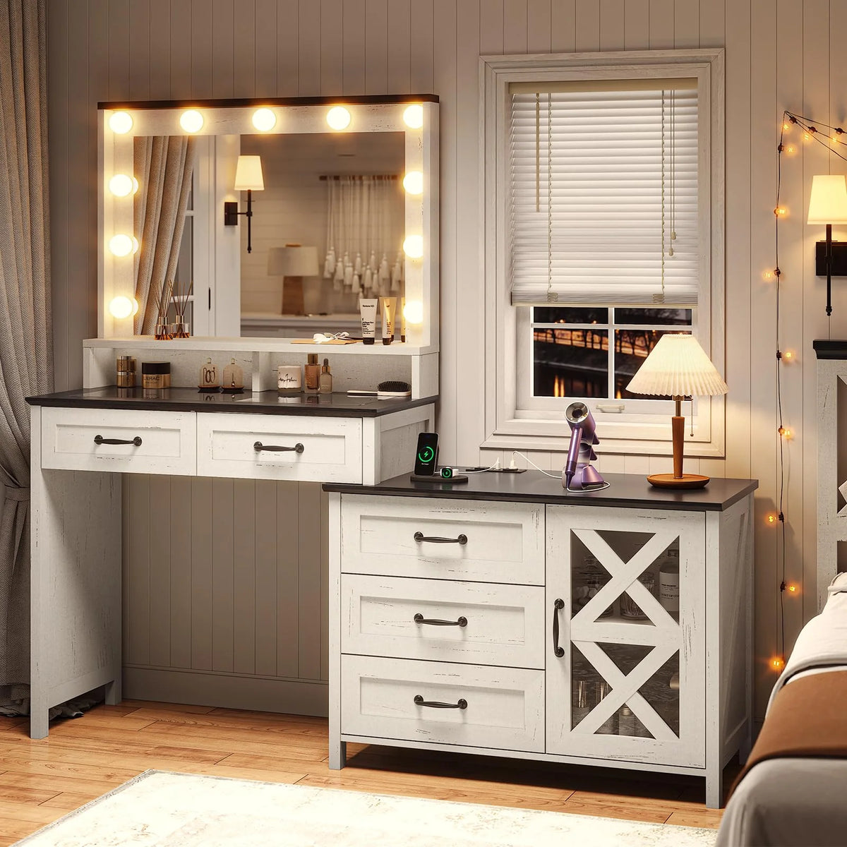 White Makeup Vanity Desk with Mirror and Lights J624930