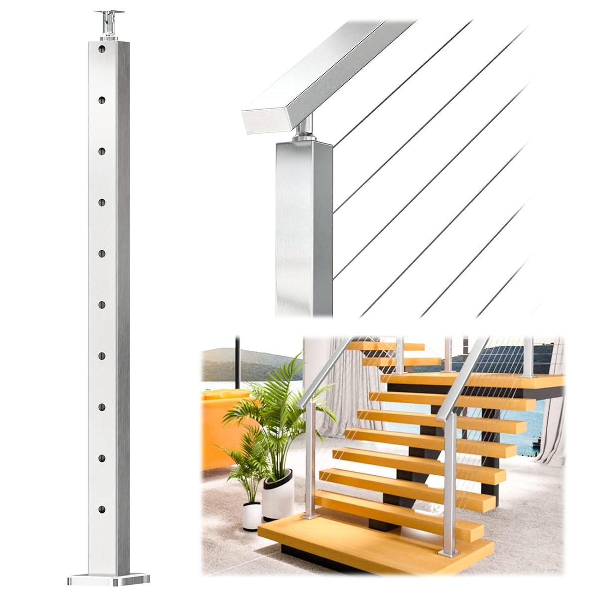 36x2x2 Brushed Stainless Steel Cable Railing Post N5370