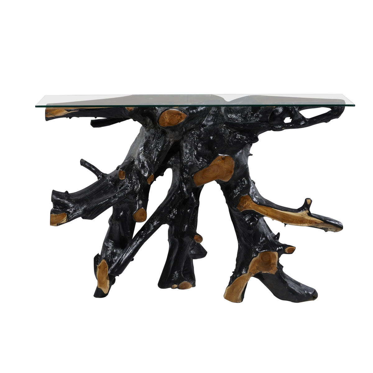 Black Teak Wood Console Table with Clear Glass Top E4967