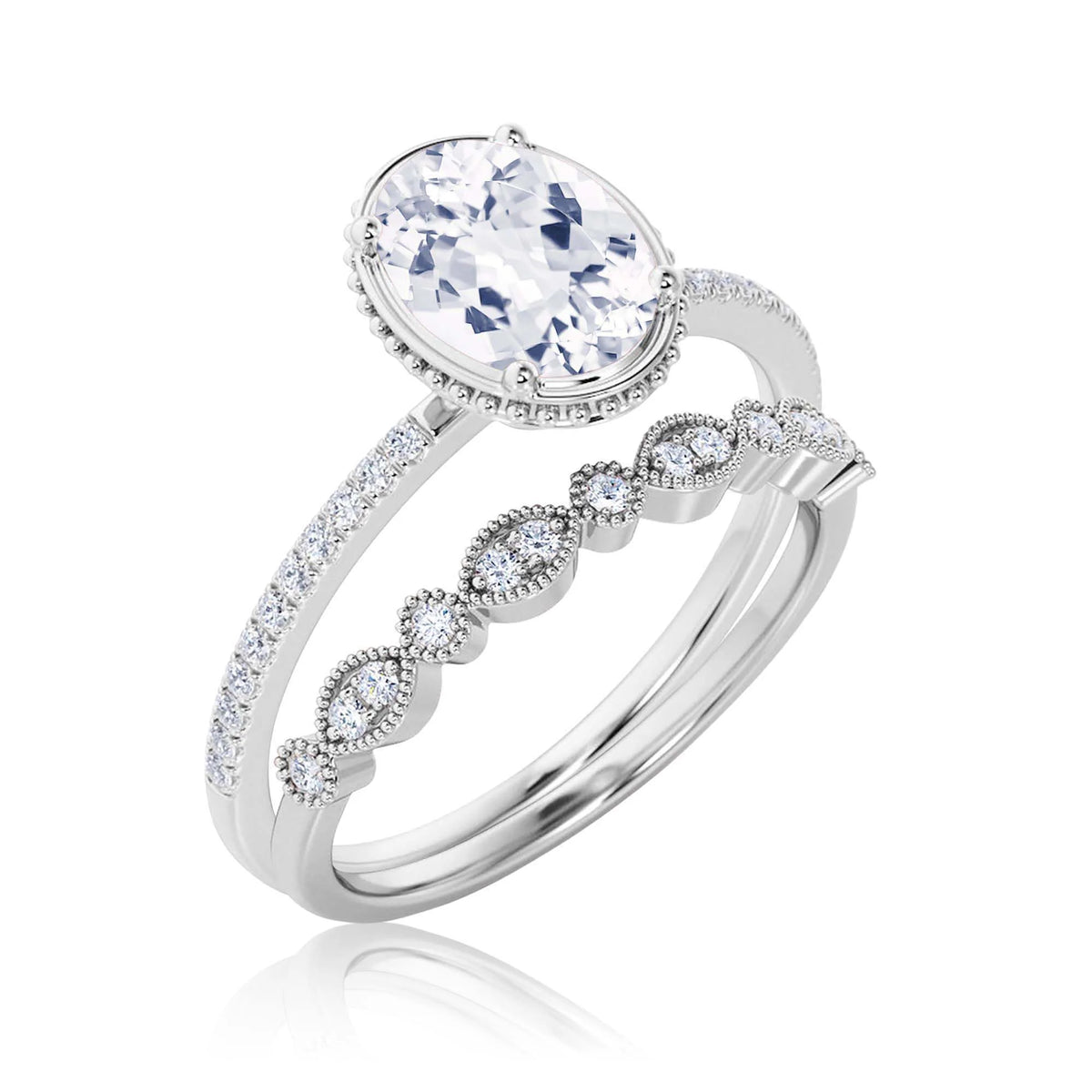 10k Solid White Gold Oval Cut Diamond Moissanite Engagement Ring with Matching Band P993551