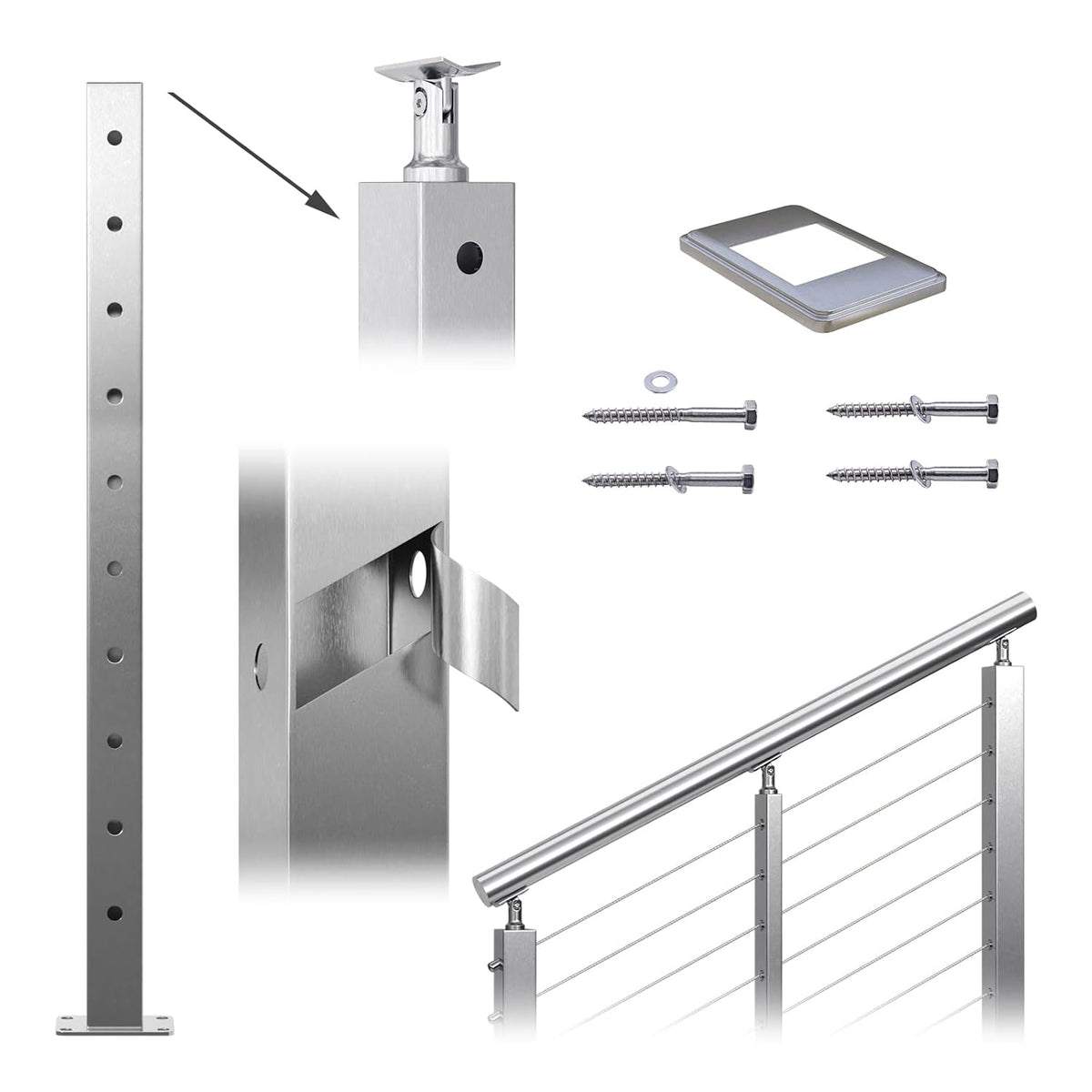 36x2x2 Brushed Stainless Steel Cable Railing Post N5370