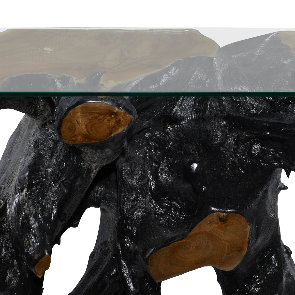 Black Teak Wood Console Table with Clear Glass Top E4967