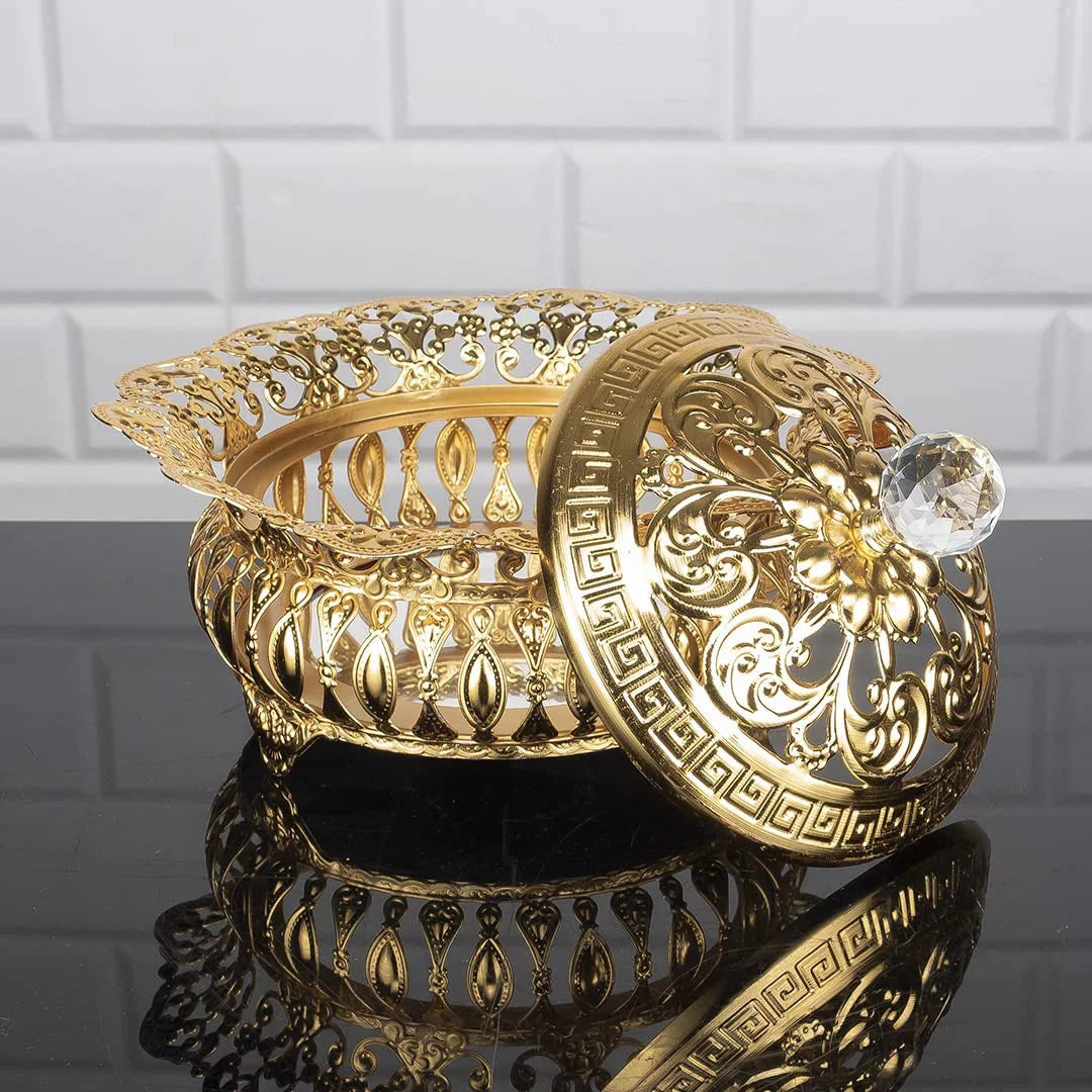 Sugar Serving Bowl with Lid and Crystal Top, Stainless Metal Candy Dish, Footed Gold Candy Jars, 8.7 in Y751782