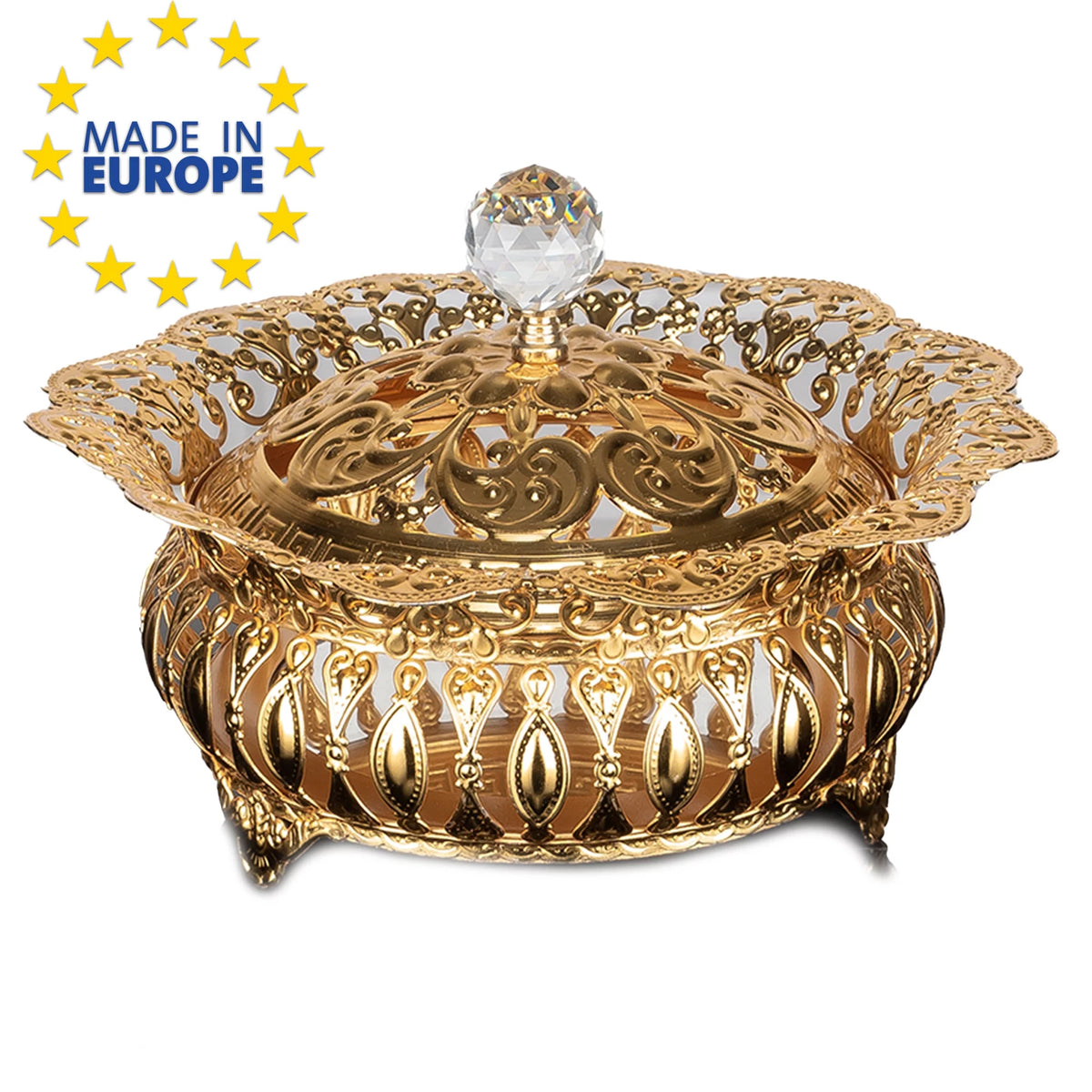 Sugar Serving Bowl with Lid and Crystal Top, Stainless Metal Candy Dish, Footed Gold Candy Jars, 8.7 in Y751782