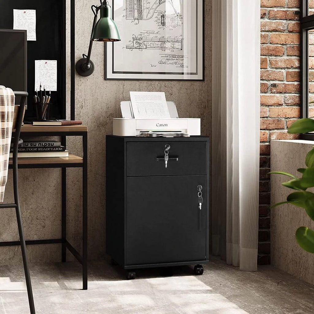 Black Mobile Office Cabinet with 1 Lockable Drawer P996