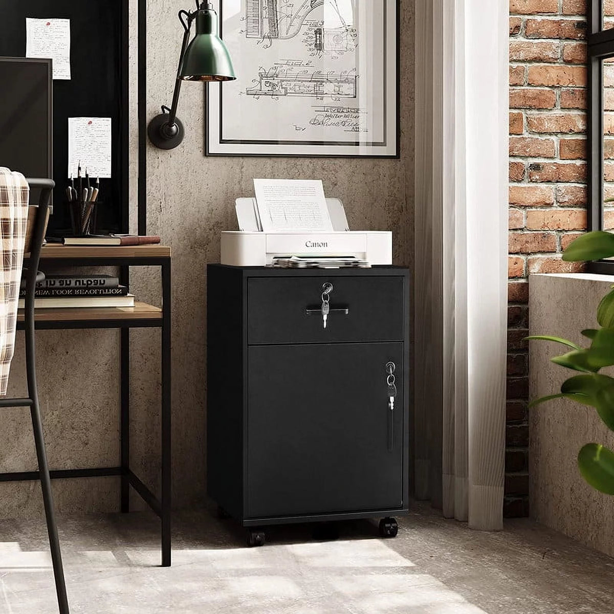 Black Mobile Office Cabinet with 1 Lockable Drawer P996