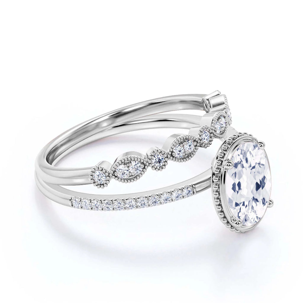 10k Solid White Gold Oval Cut Diamond Moissanite Engagement Ring with Matching Band P993551