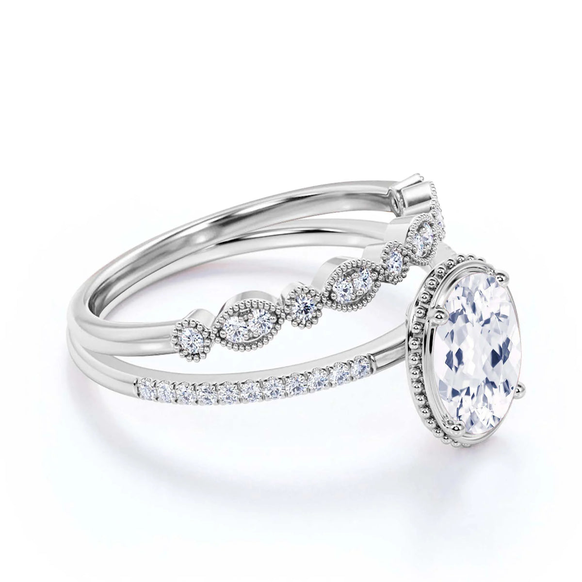 10k Solid White Gold Oval Cut Diamond Moissanite Engagement Ring with Matching Band P993551