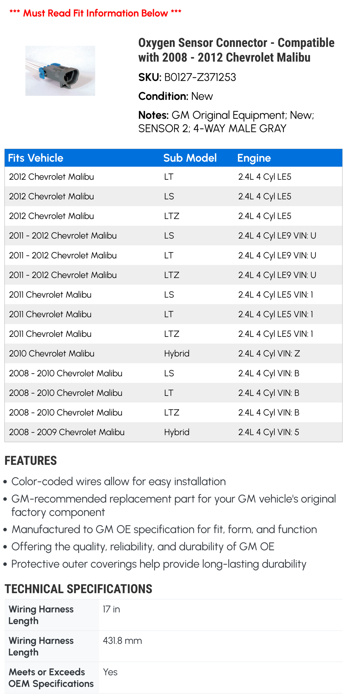 Oxygen Sensor Connector for 2008-2012 Chevy Malibu D9060