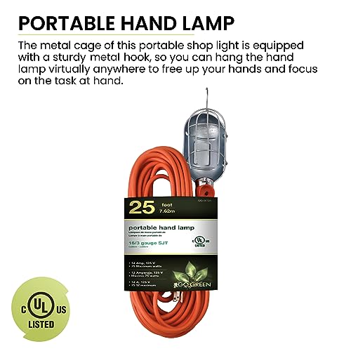 25ft Portable Hand Lamp with Kink-Free Cord and Swivel Hook A180