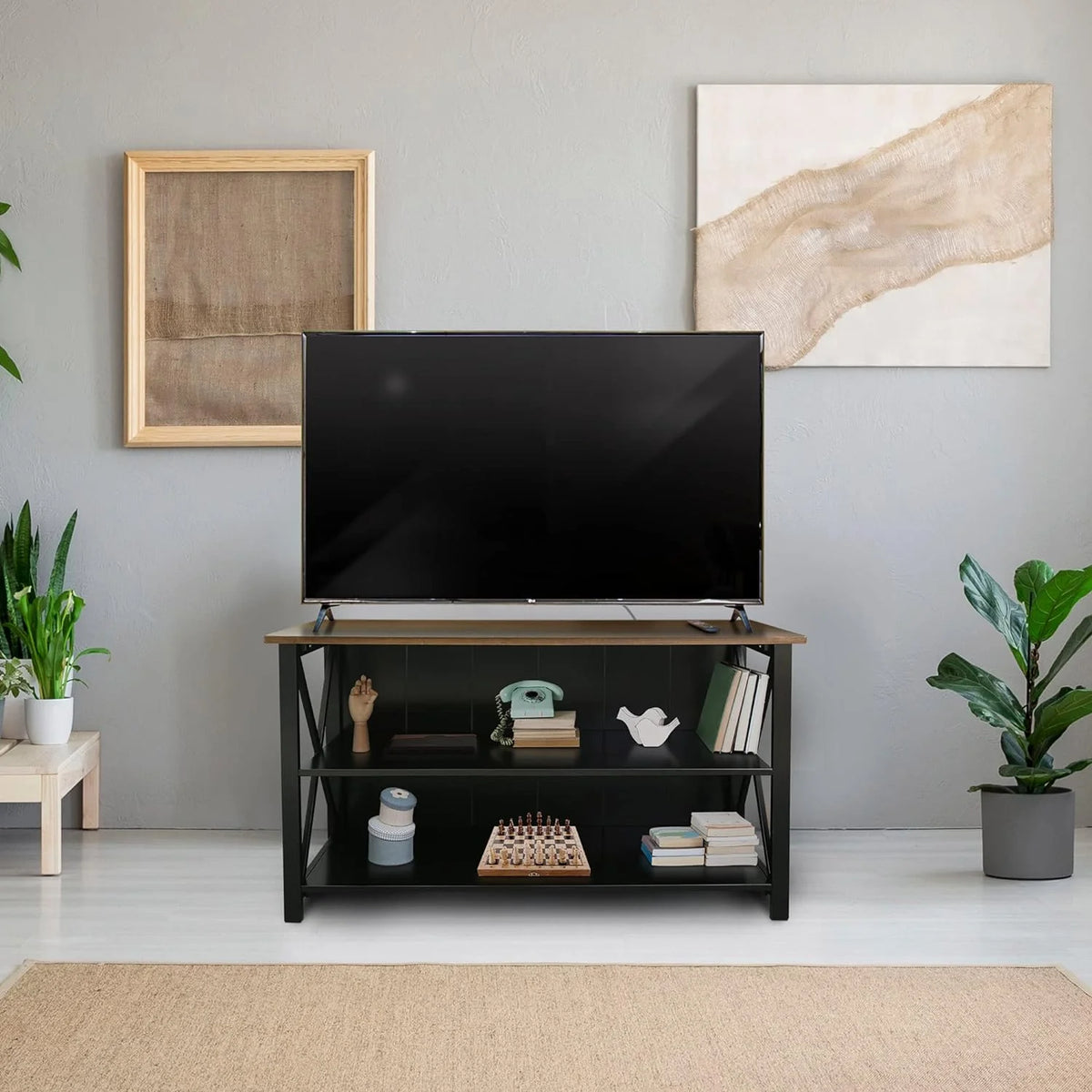 Solid Wood Console Table with Shelves, 52" W, Black and Antique Cherry A51865