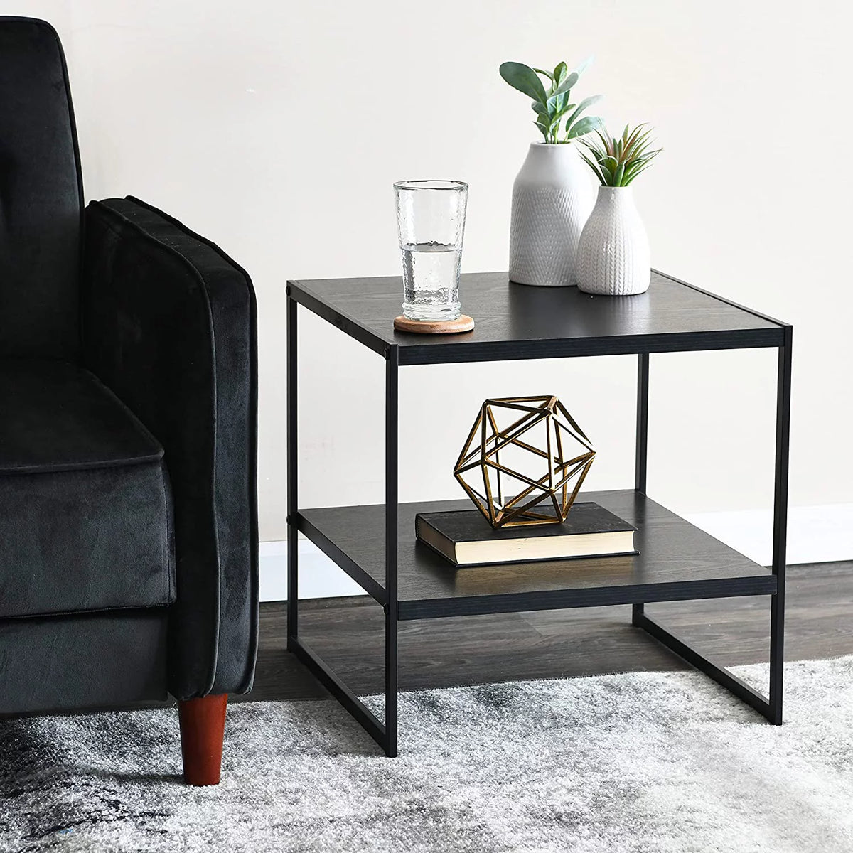 Black Metal and Faux Wood End Table with Storage Shelf U397331