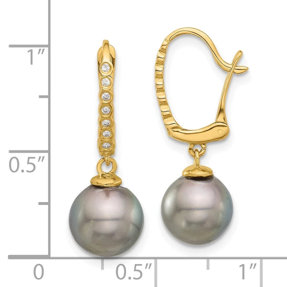 14k Yellow Gold Black Tahitian Pearl Diamond Dangle Earrings D8334