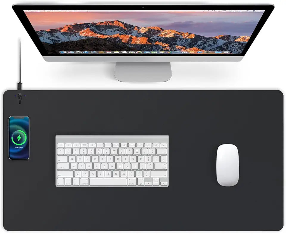 Desk Mat with Wireless Charger, PU Leather Waterproof Anti-Slip Mouse Pad, 32L x 16W inches, Black Q2250