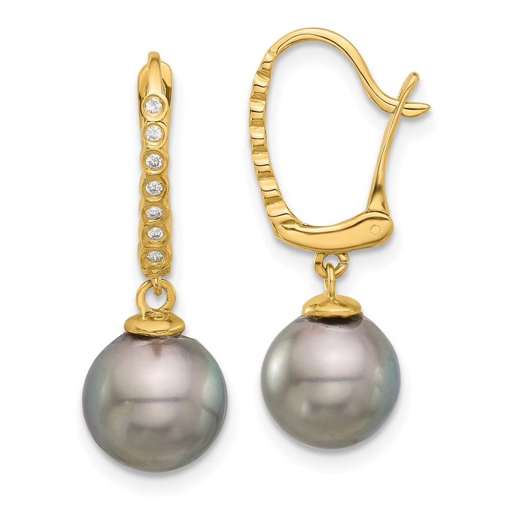14k Yellow Gold Black Tahitian Pearl Diamond Dangle Earrings D8334