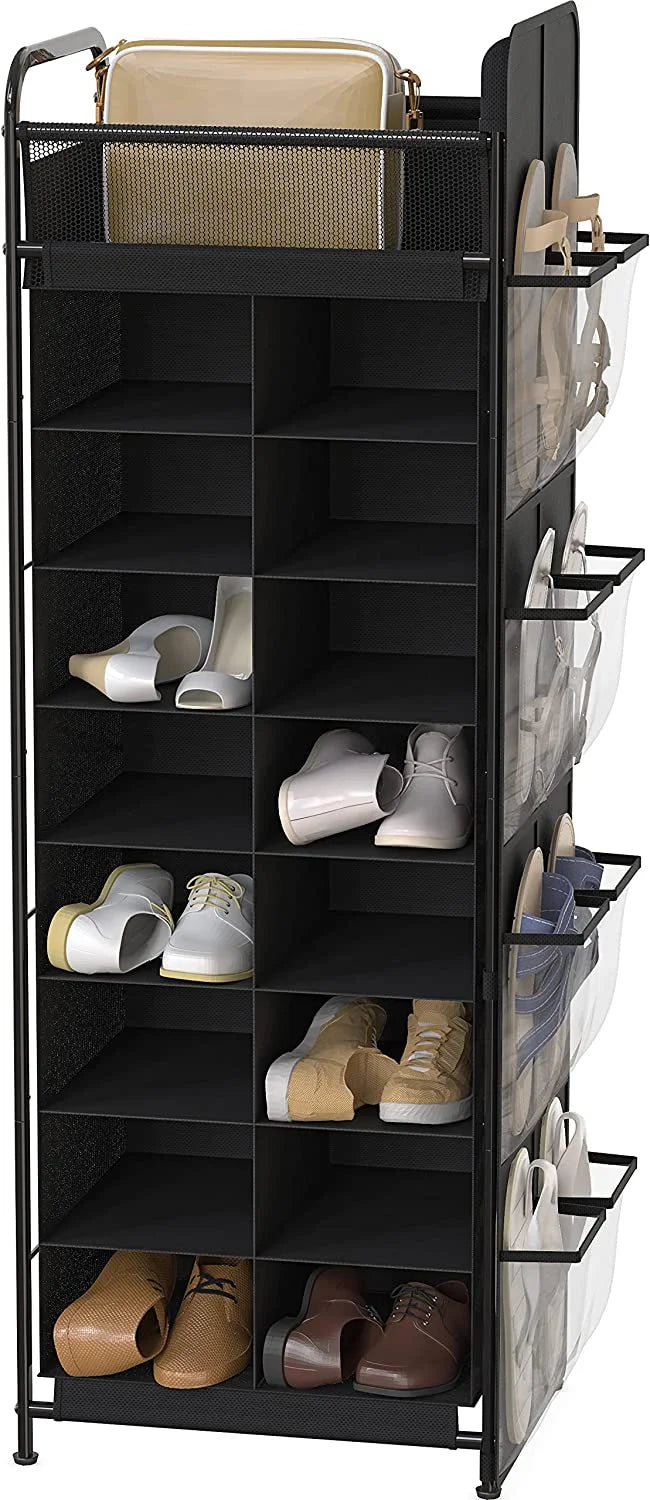 Black 20-Pair Shoe Stand Tower Rack with Side Hanging Bag J663