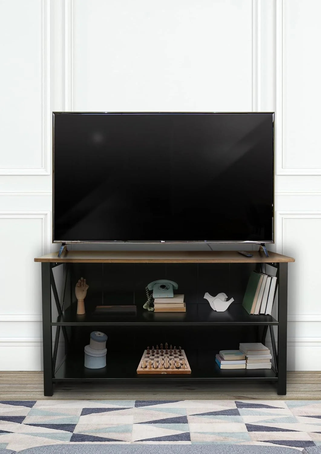 Solid Wood Console Table with Shelves, 52" W, Black and Antique Cherry A51865