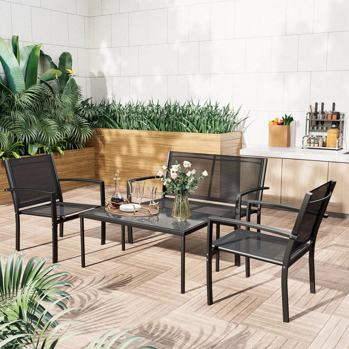 4 Pieces Textilene Steel Outdoor Furniture Set with Loveseat Tea Table E637891