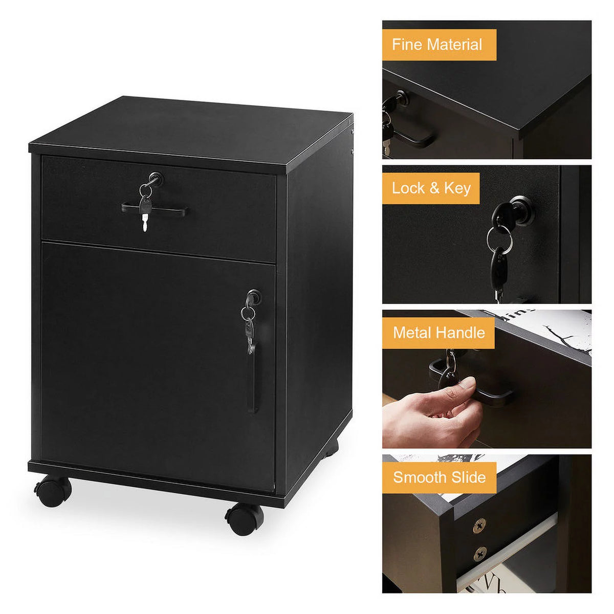 Black Mobile Office Cabinet with 1 Lockable Drawer P996